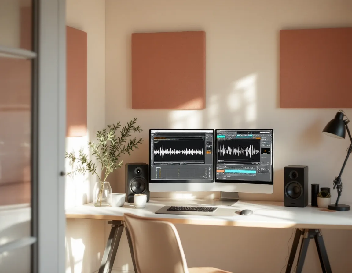 Small editing room with monitors, acoustic panels and a juniper sprig