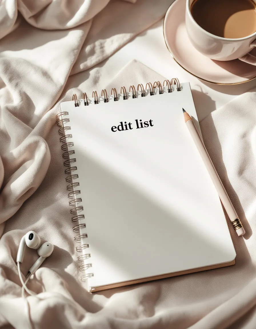 Pencilled edit list beside a pair of inexpensive earbuds