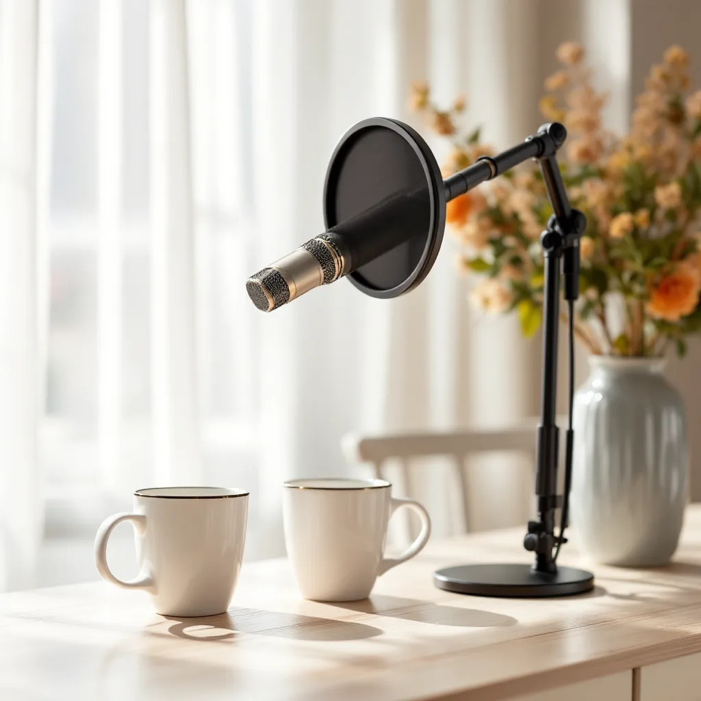 Podcast microphone with pop filter in soft morning light